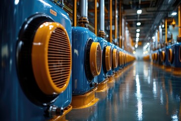 Fototapeta premium Precision-engineered cooling systems in vibrant tech labs, focusing on innovation and sustainability, surrounded by green energy infrastructure