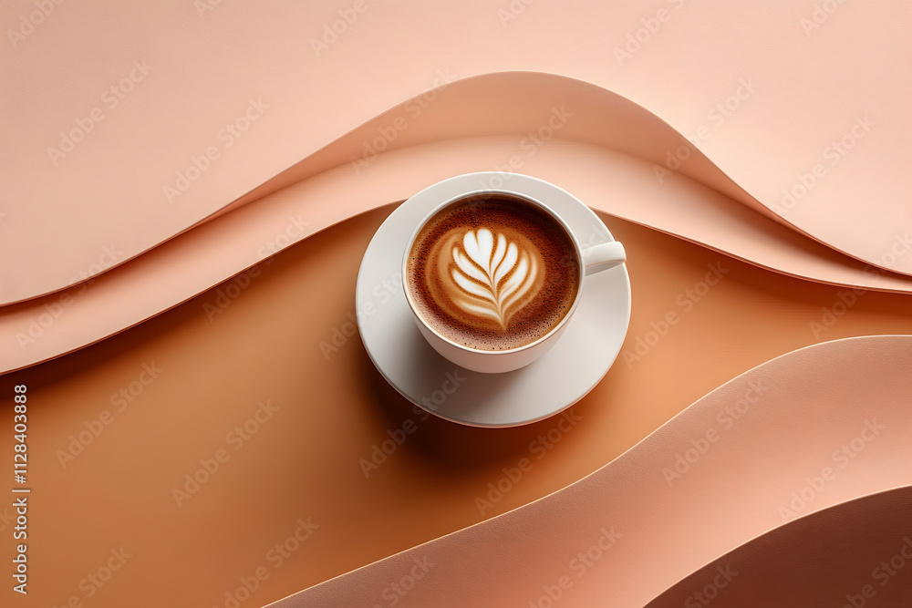 Aufkleber cup of mocha coffee on wavy brown and peach table surface. transition between two colors of year