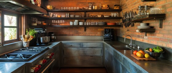 Obraz premium Rustic and Cozy Farmhouse Kitchen with Brick Wall and Open Shelving