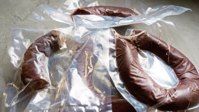 Vacuum-packed sausages lying on a gray concrete surface, showcasing their freshness and vacuum-sealed preservation