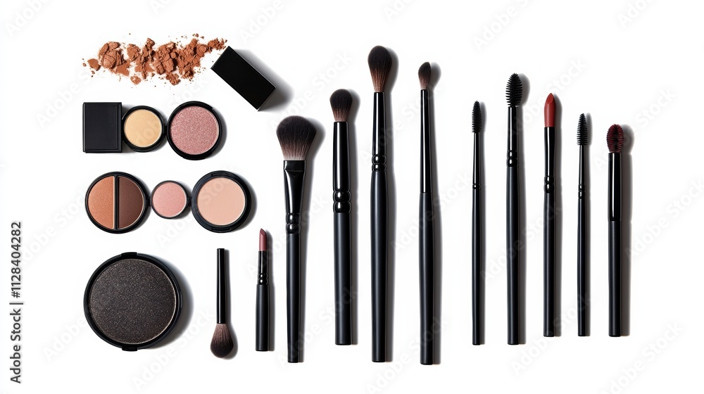 Poster assorted makeup brushes, lipsticks, eyeshadows, and powders are neatly displayed, inviting creativit