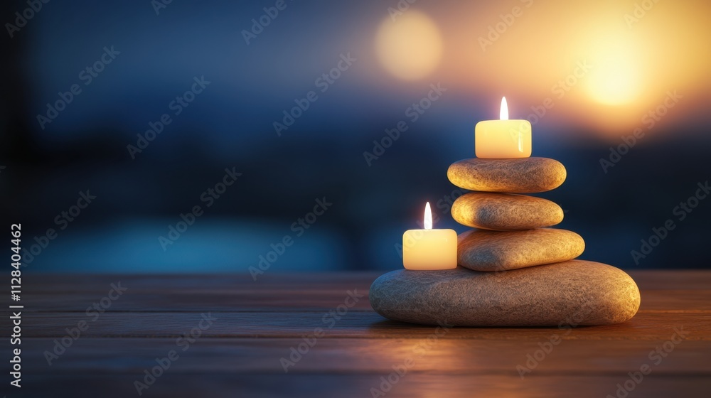 Poster calming stone stack with candles against soft blurred background at dusk