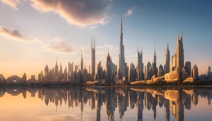 Fototapeta premium Dubai Skyline Sunrise Reflection