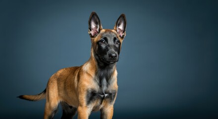 Alert belgian malinois puppy portrait on dark blue background