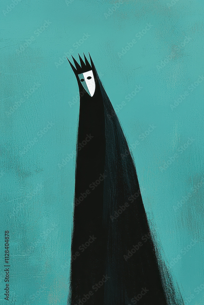 Poster abstract illustration of a mysterious masked figure in turquoise with crown: exploring enigma and id