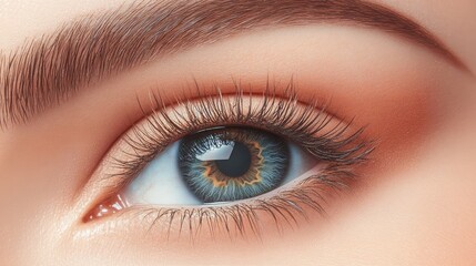 Obraz premium Close-up of a woman's eye with detailed eyebrow, long lashes, and subtle eyeshadow. The eye color is a captivating blend of blue and green.