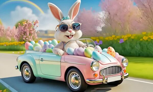 Cute Easter Bunny with sunglasses looking out of a car filed with easter eggs. Generative Ai