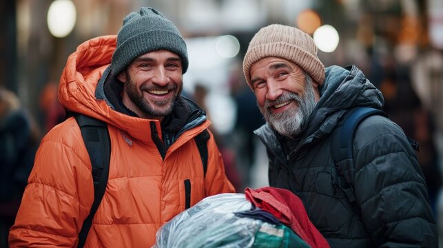 On a brisk city day, a smiling volunteer provides support to a homeless man, spreading kindness and warmth in the community. Their joyful interaction highlights compassion