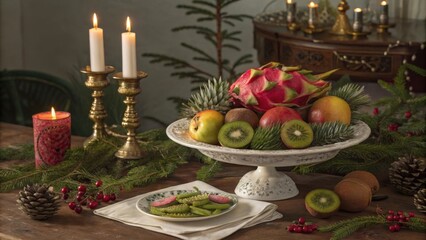 Fototapeta premium Festive fruit arrangement with candles and holiday decor