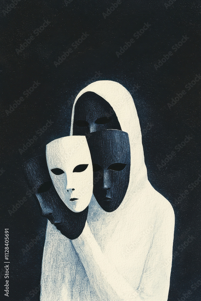 Poster exploring the enigmatic depths of identity: a surreal representation of masked faces in contrast and