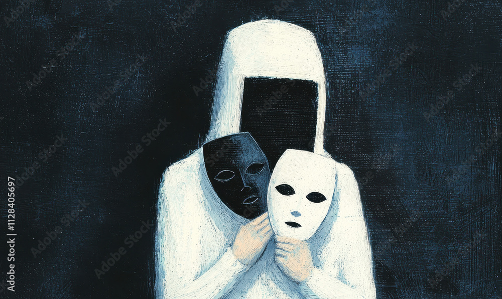 Poster exploring the hidden facets: the enigmatic interaction of masks and shadows revealing complex inner 