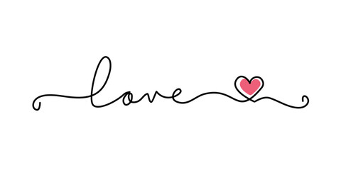 love text with Heart icon. Abstract love symbol. Continuous line art drawing vector illustration.