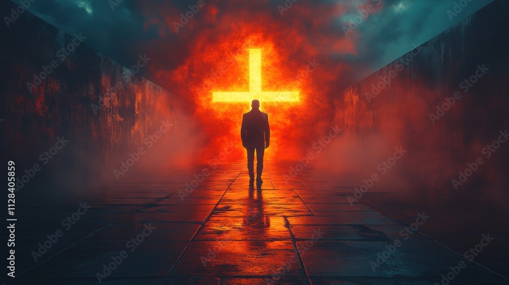 Poster beacon of hope man in front of a glowing cross in a dark corridor rendering faith is the only way