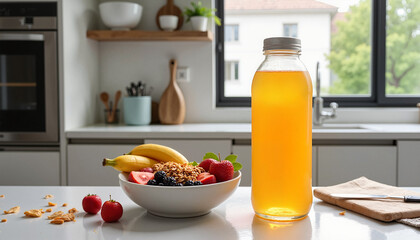 Healthy breakfast setup with a bottle of juice and a bowl of fresh fruits and granola in a modern kitchen