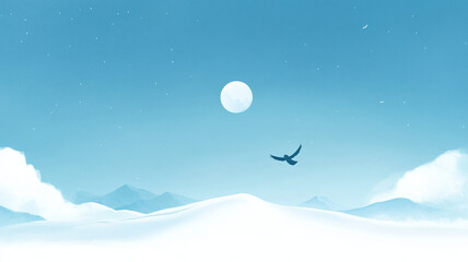 Fototapeta premium serene landscape featuring bright blue sky, full moon, and bird soaring gracefully