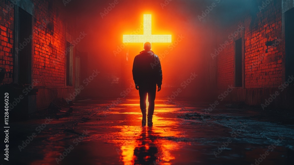 Poster beacon of hope man in front of a glowing cross in a dark corridor rendering faith is the only way