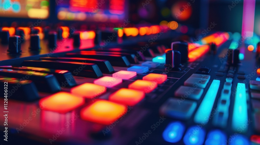 Poster close up view of a professional audio mixer featuring illuminated controls and keys, creating a vibr