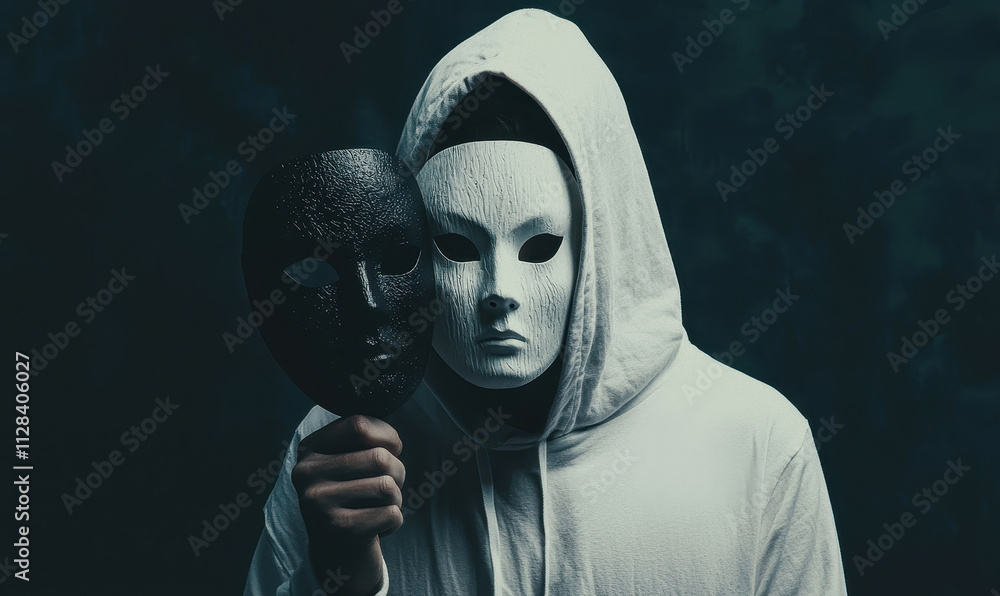 Poster exploring the hidden layers of identity and expression through dramatic mask symbolism