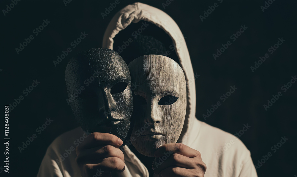Poster exploring the enigma of identity: a visual journey through masks and hidden emotions in contemporary