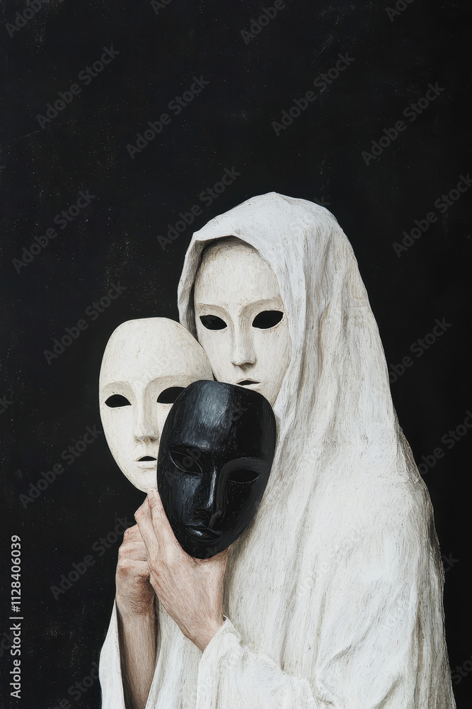 Poster Exploring the Enigmatic Depths of Identity and Emotion Through the Symbolic Use of Masks in a Dramatic Visual Representation
