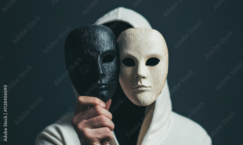 Poster exploring the duality and hidden facets of identity through contrasting masks in an enigmatic portra