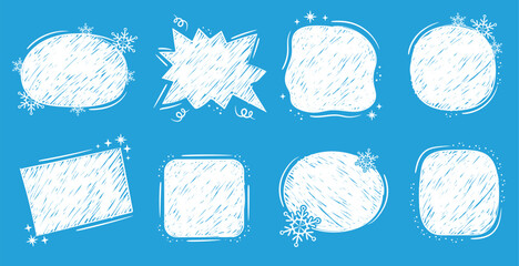 Winter snow decoration hand drawn text blocks. Set of hand drawing Christmas or New Year vector banners on blue background.