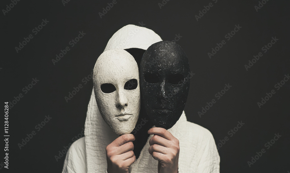 Poster exploring the dual identity: a deep dive into the contrasts of human emotions through symbolic masks