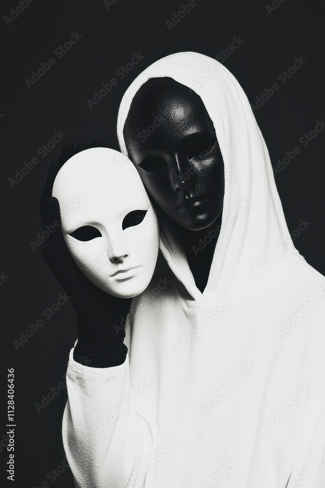 Poster intriguing masks: exploring contrast and identity through monochrome symbolism and duality