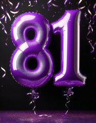 Fototapeta premium Purple birthday / anniversary balloon, number 81, black background with confetti