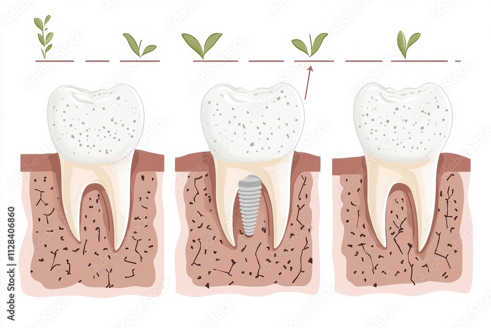 Poster illustration shows the process of dental implants in three stages with copy space for educational te