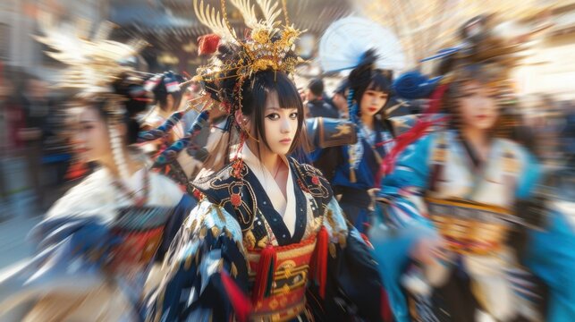 A group of cosplayers in blurry intricatelydetailed costumes pose for photos.