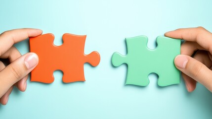 Fototapeta premium Hands Holding Colorful Puzzle Pieces on a Light Blue Background