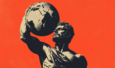 Mythological Strength Depicted: A Powerful Titan Holding the World Against a Striking Red Canvas
