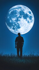 Silhouette of a walking man against a blue sky and moon