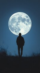 Silhouette of a walking man against a blue sky and moon