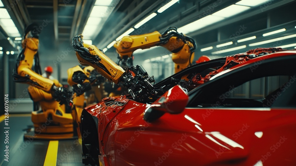 Poster robotic arms assembling a red car in a factory setting
