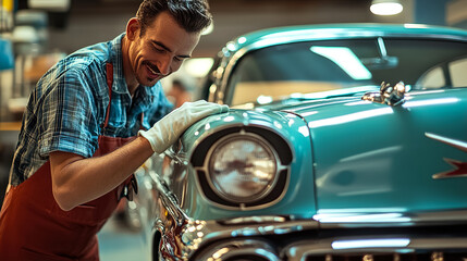 Vintage car restoration in a workshop with a skilled mechanic working on details. Generative AI