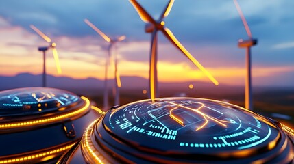 Obraz premium futuristic wind farm sunset energy tech - sustainable/green technology