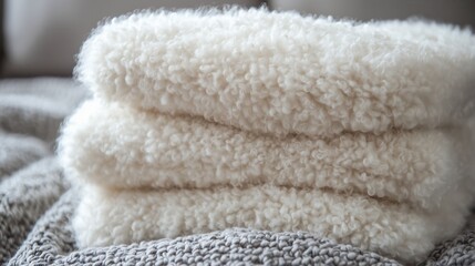 Soft Cozy White Fluffy Sheepskin Throws Blankets Stacked on a Gray Knitted Texture Bed