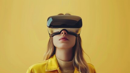 A young woman wearing opaque virtual reality goggles, with a look of amazement