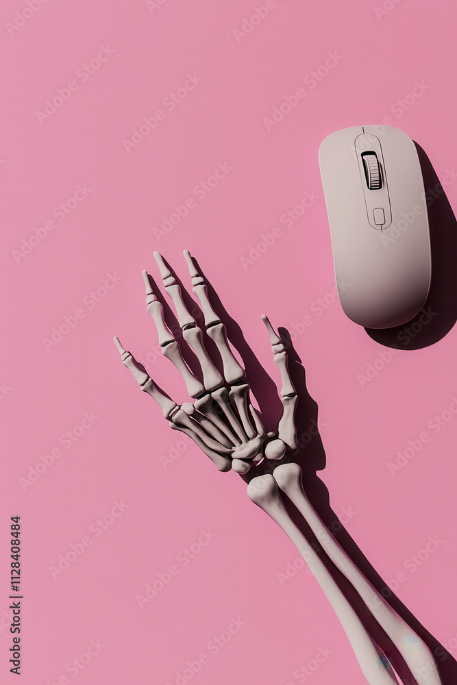 Poster skeleton hand with computer mouse on pink background: exploring minimalism and technology in modern 
