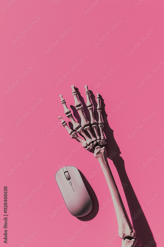 Poster surreal skeleton hand with computer mouse on vibrant pink background: exploring digital contrast and