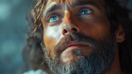 biblical character emotional close up portrait of a man with a beard and long hair looking up