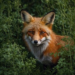 Fototapeta premium A red fox peeking out from lush green bushes.