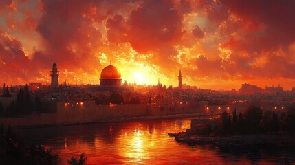 Obraz premium biblical jerusalem sunset over ancient city digital painting
