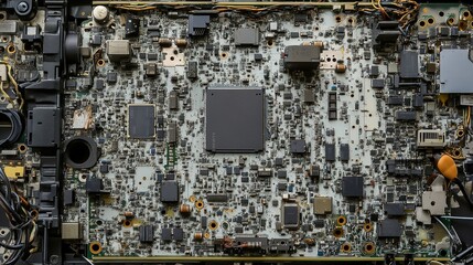  abstract marketing background featuring a 3D disassembled laptop showcasing electronic chips and CPU, highlighting its processors and components. This design is ideal for banners, advertisements, and