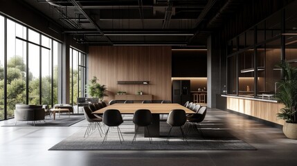 Modern minimalist office interior with a large wooden conference table, surrounded by black chairs. Large windows showcase lush green scenery.
