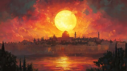 Fototapeta premium biblical jerusalem sunset over ancient city digital painting