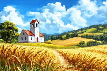 Fototapeta premium White church in golden wheat field, under a bright blue sky. Ideal for illustrating rural peace, faith, or harvest themes.