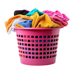 Laundry day colorful clothes pile in a pink basket home setting vibrant environment close-up view for styling tips. Transparent background.